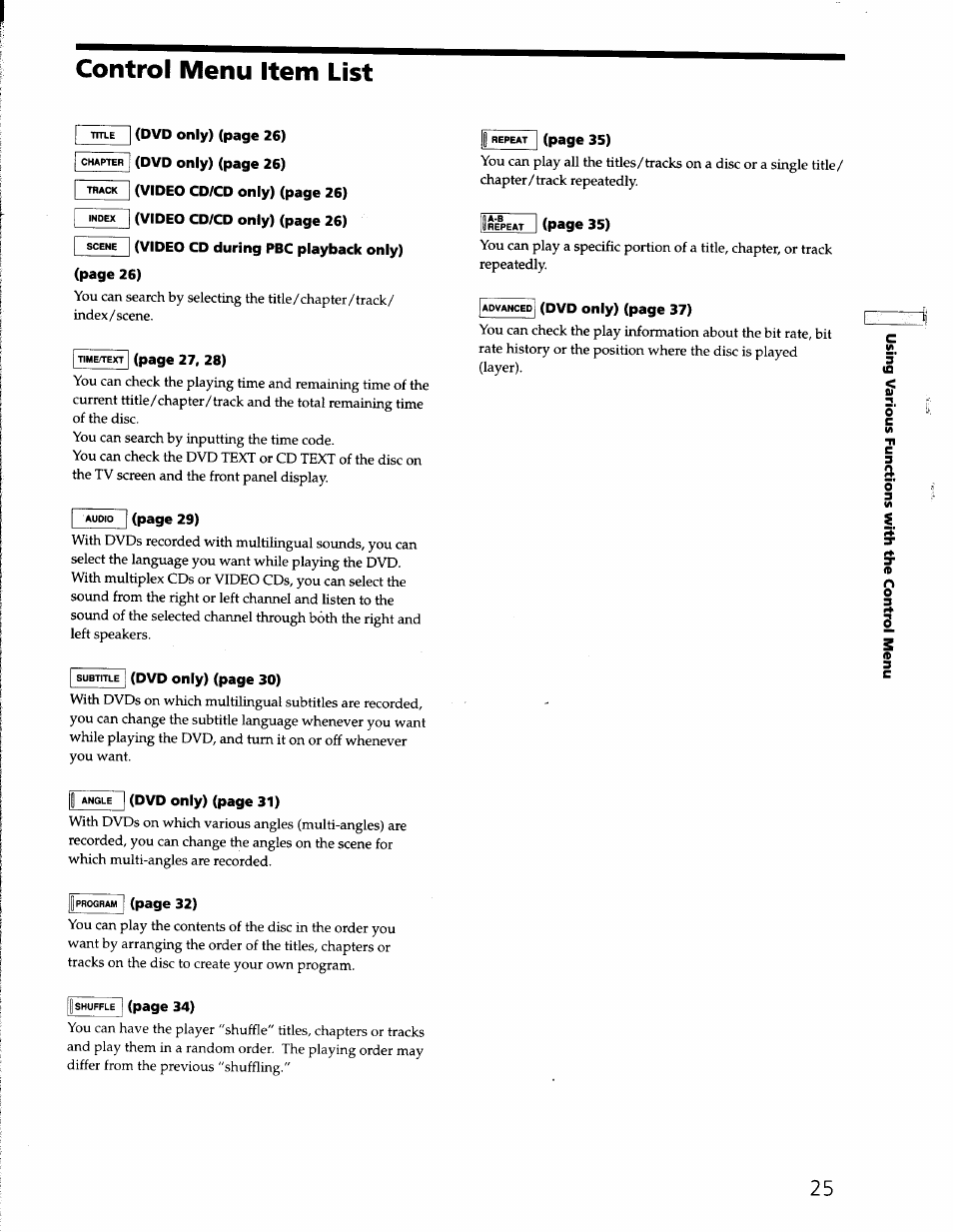 Control menu item list, Video cd during pbc playback only) | Sony DVP-S330 User Manual | Page 25 / 62