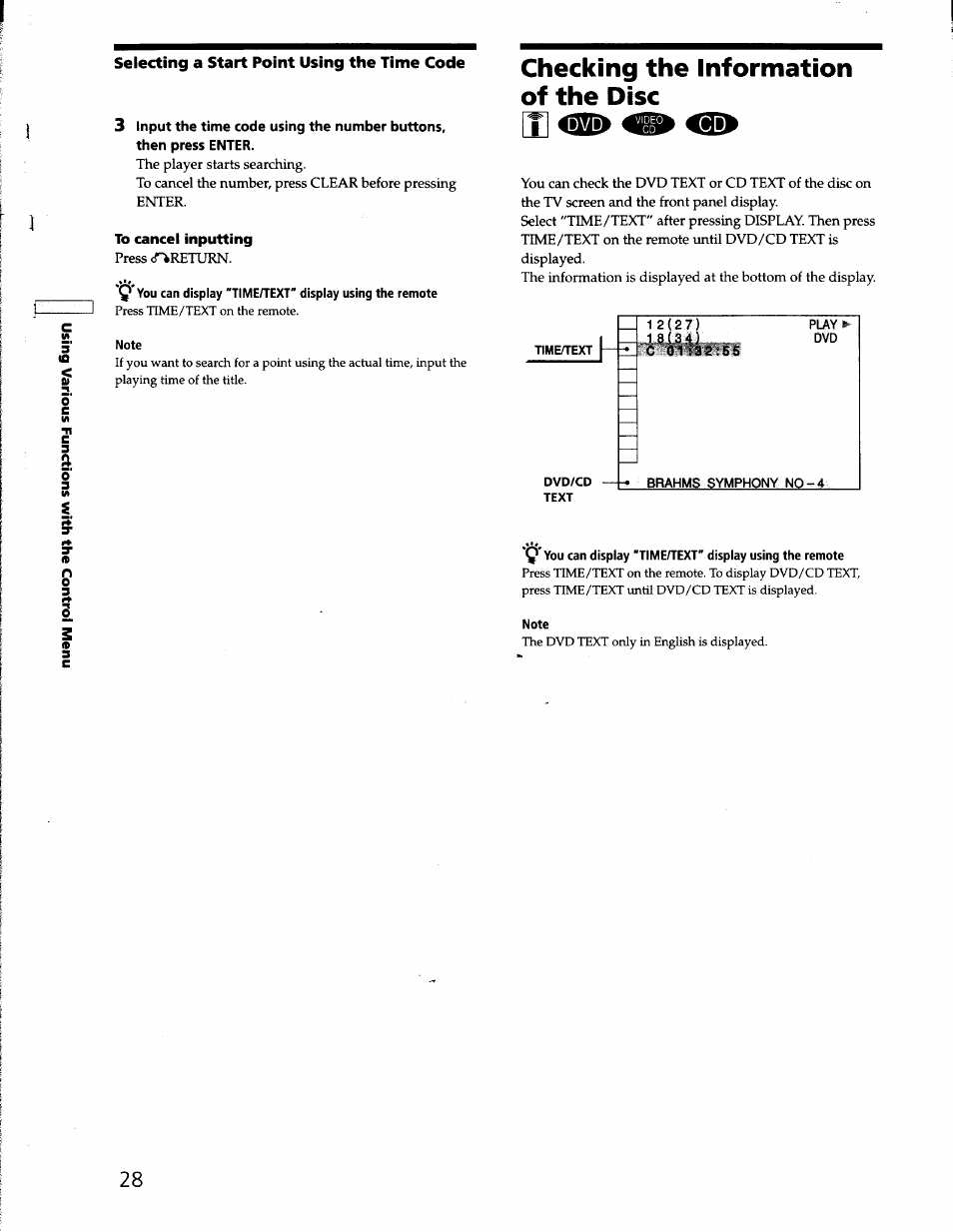 Selecting a start point using the time code, To cancel inputting, Note | Checking the information of the disc, Time/text, Dvd/cd, Text | Sony DVP-S330 User Manual | Page 28 / 62