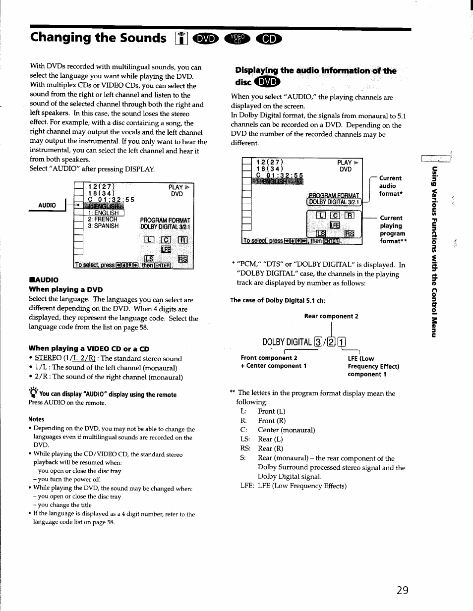 Changing the sounds [t, Audio, When playing a dvd | When playing a video cd or a cd, Notes, Current, The case of dolby digital 5.1 ch, Rear component 2, Front component 2 + center component 1, Changing the sounds | Sony DVP-S330 User Manual | Page 29 / 62