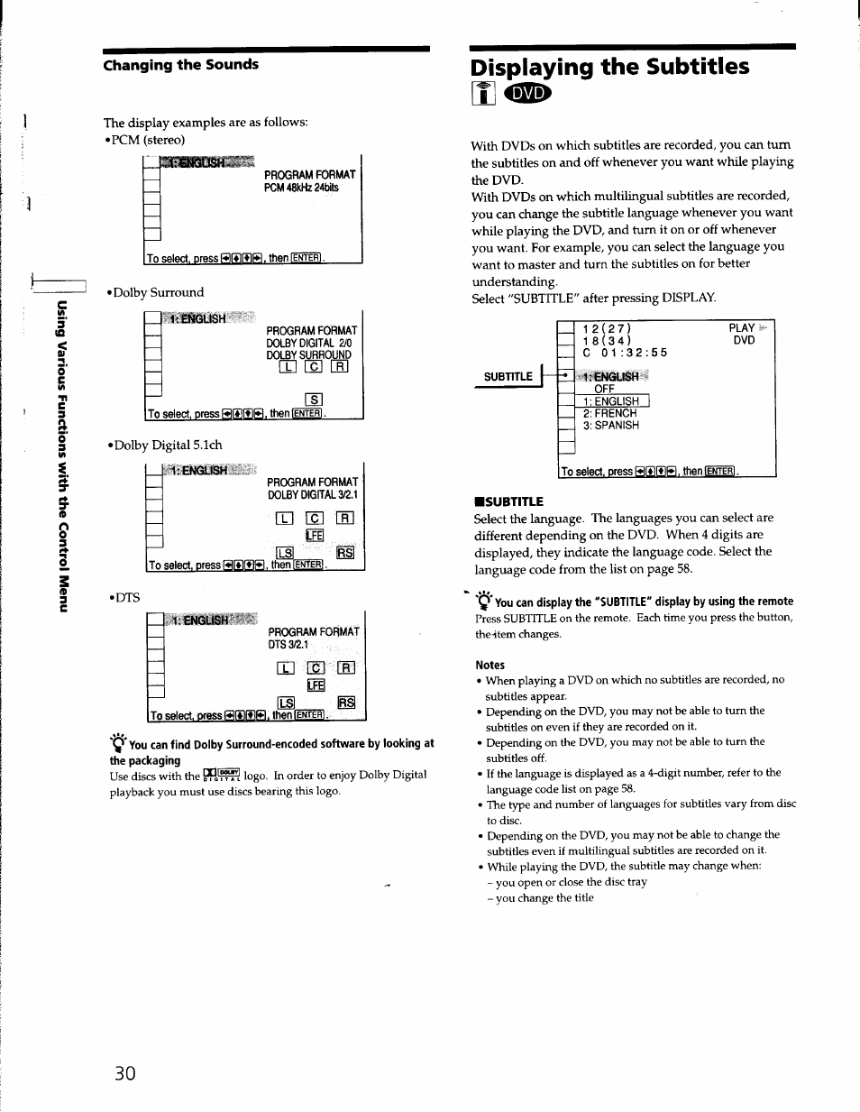 Changing the sounds, Program format pcm 48khz 24bits, Program format dolby digital 3c.1 | 1; english, Program format dts3c.1, Splaying the subtitles, Subtitle, Notes | Sony DVP-S330 User Manual | Page 30 / 62