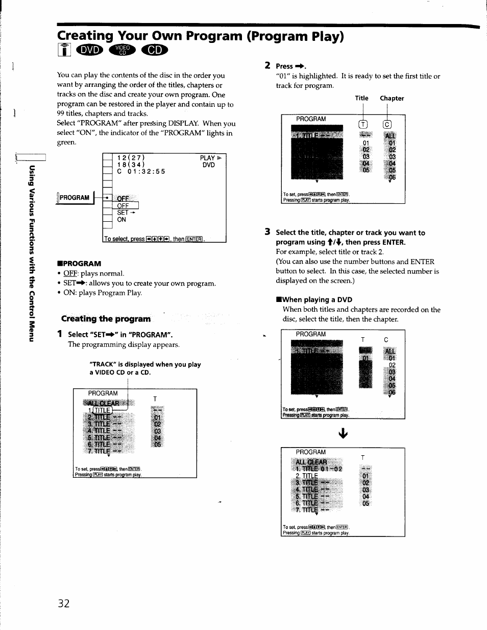 Creating your own program (program play), 2 press, I program | 1 select "set^" in "program, When playing a dvd, Creating your own program (program play) h 4, Creating the program | Sony DVP-S330 User Manual | Page 32 / 62