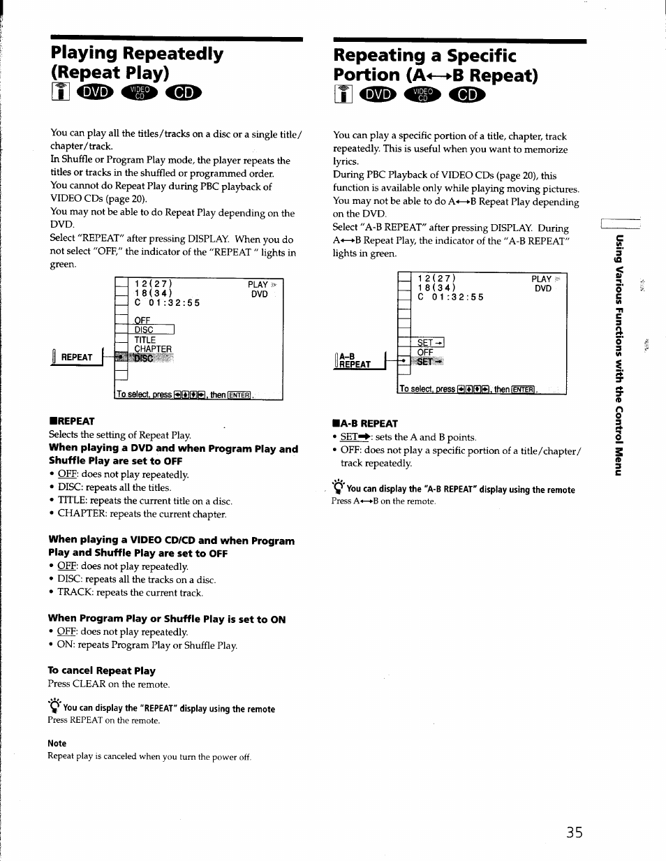 Repeating a specific portion repeat), Repeat, When program play or shuffle play is set to on | To cancel repeat play, Note | Sony DVP-S330 User Manual | Page 35 / 62