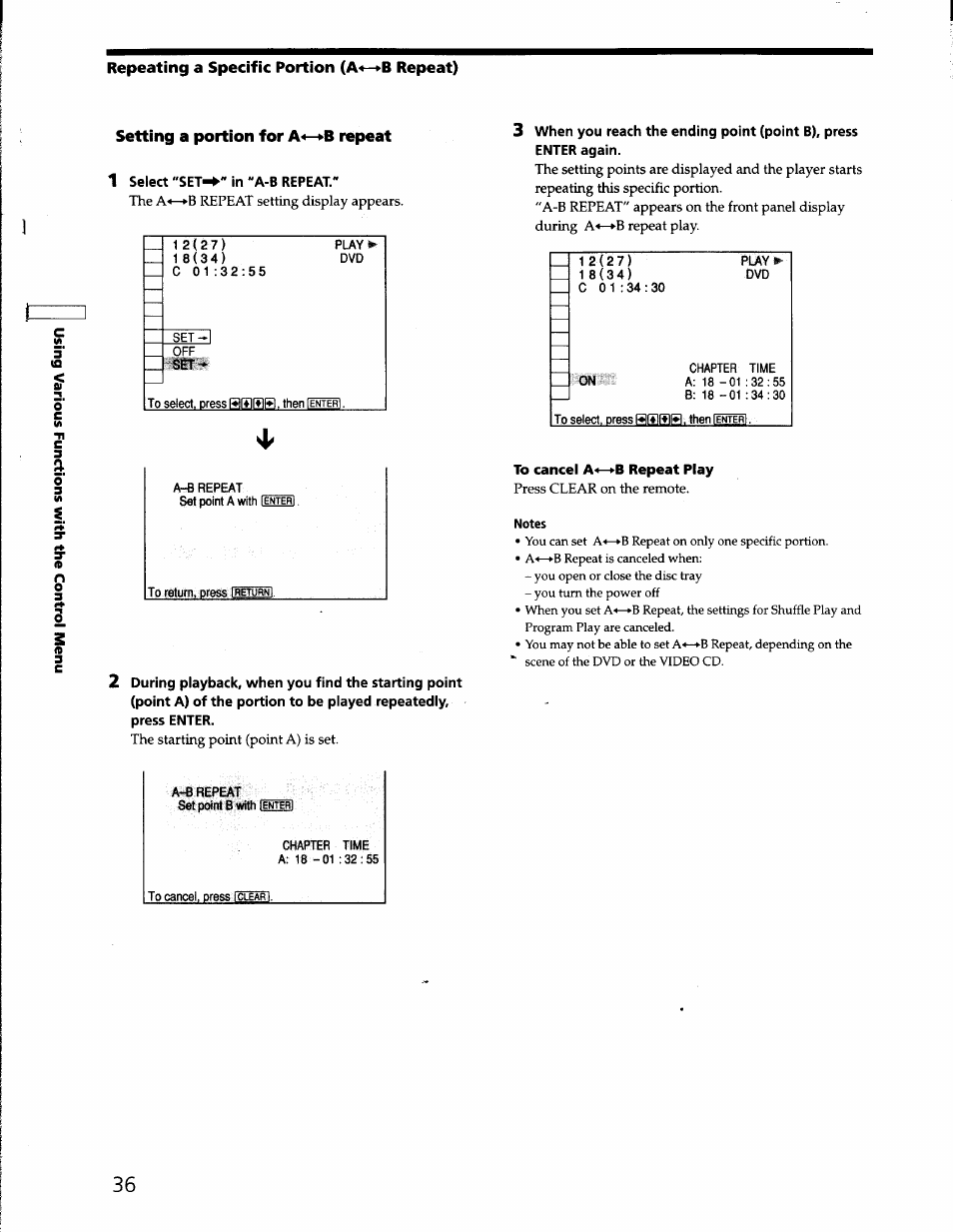 Repeating a specific portion (a«—»b repeat), Setting a portion for a«—»b repeat, 1 select 