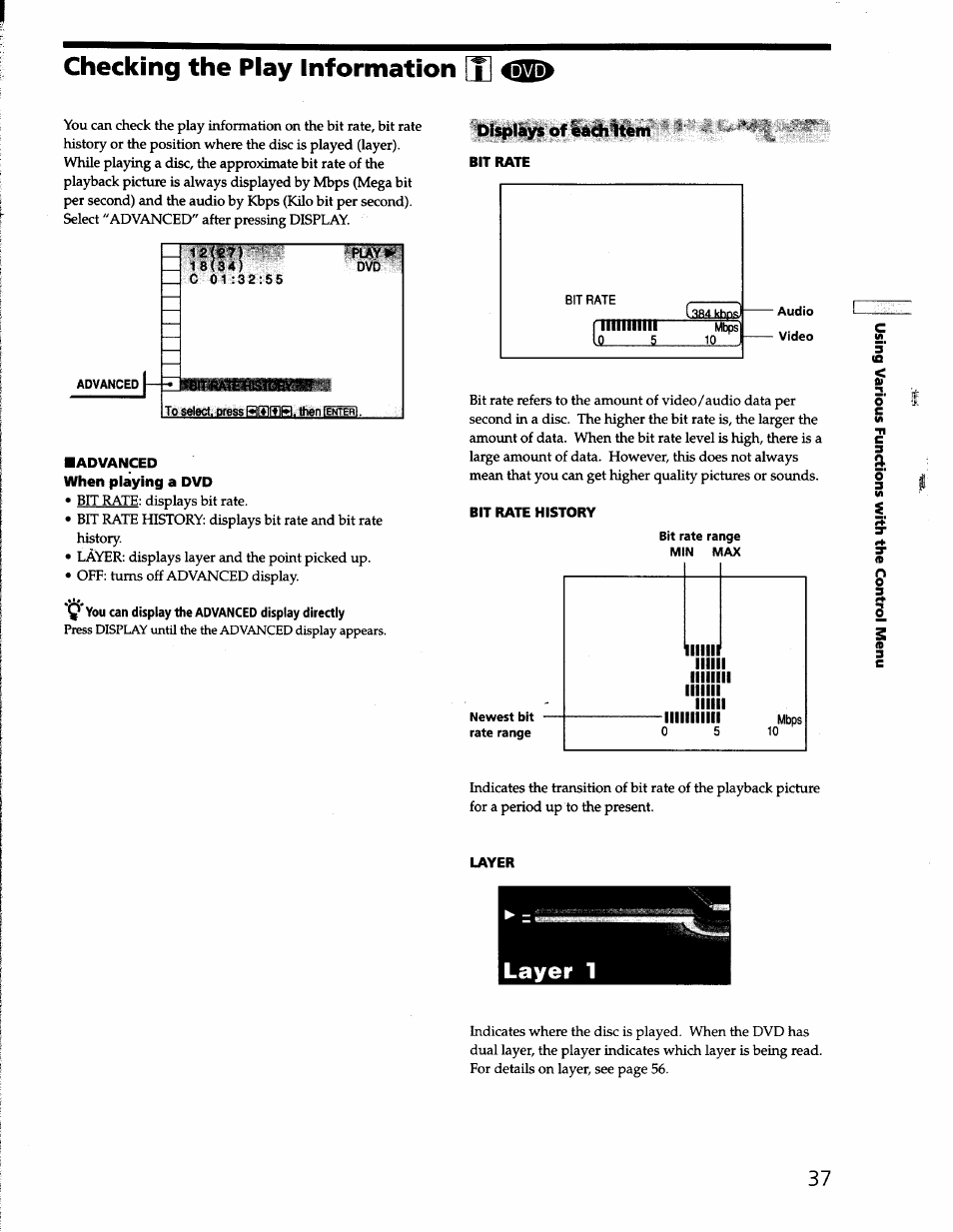 Checking the play information [x] <508, Advanced, Play i | Advanced when playing a dvd, Bit rate, Bit rate history, Layer, Layer 1 | Sony DVP-S330 User Manual | Page 37 / 62