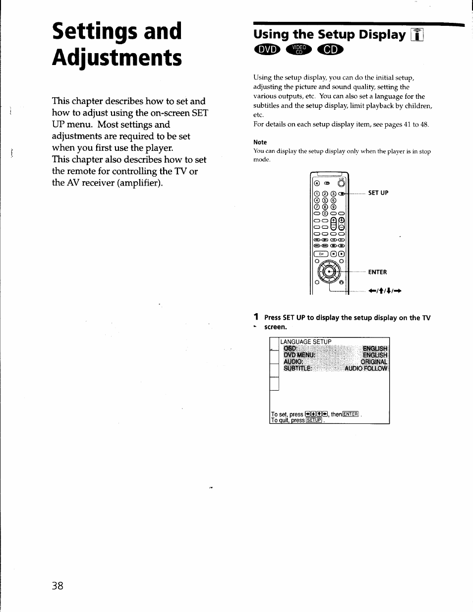 Settings and adjustments, Using the setup display ihqil, Using the setup display | Sony DVP-S330 User Manual | Page 38 / 62