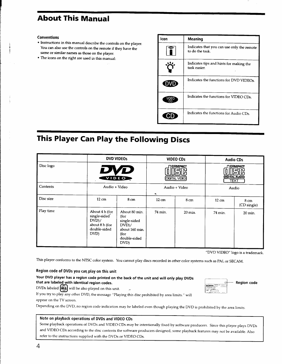 About this manual, Conventions, This player can play the following discs | Region code of dvds you cai\ play on this unit, Note on playback operations of dvds and video cds, Mjye, Dsis, D@(g | Sony DVP-S330 User Manual | Page 4 / 62