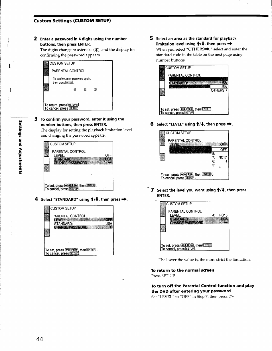 Custom settings (custom setup) | Sony DVP-S330 User Manual | Page 44 / 62