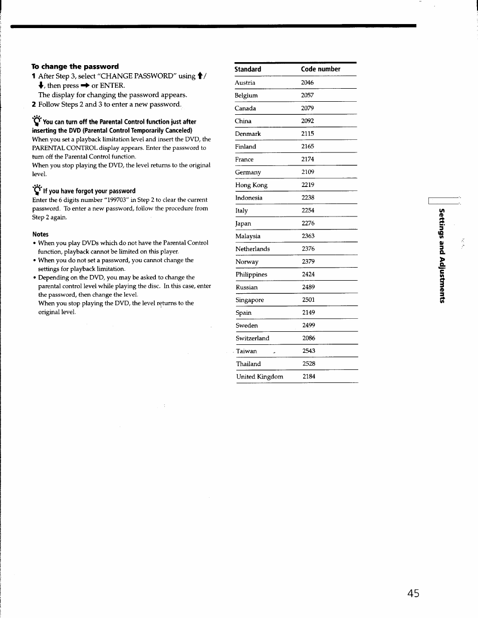 To change the password, If you have forgot your password, Notes | Sony DVP-S330 User Manual | Page 45 / 62