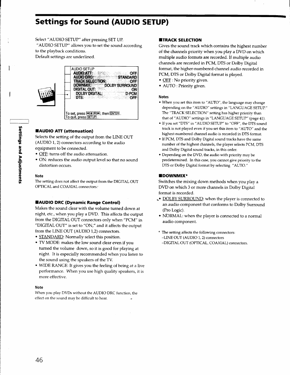 Settings for sound (audio setup), Note, Notes | Sony DVP-S330 User Manual | Page 46 / 62