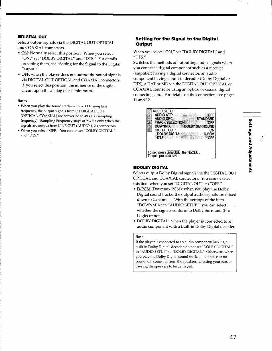 Notes, Setting for the signal to the digital output, Note | Sony DVP-S330 User Manual | Page 47 / 62