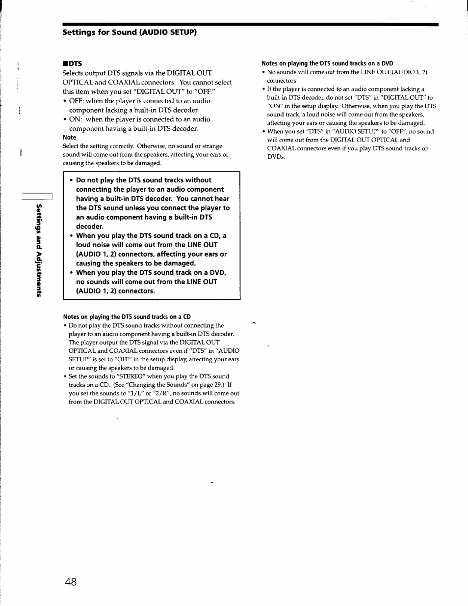 Settings for sound (audio setup), Notes on playing the dts sound tracks on a dvd, Notes on playing the dts sound tracks on a cd | Sony DVP-S330 User Manual | Page 48 / 62