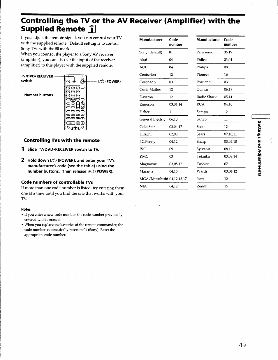 Controlling tvs with the remote, 1 slide tv/dvd»receiver switch to tv, Code numbers of controllable tvs | Notes | Sony DVP-S330 User Manual | Page 49 / 62