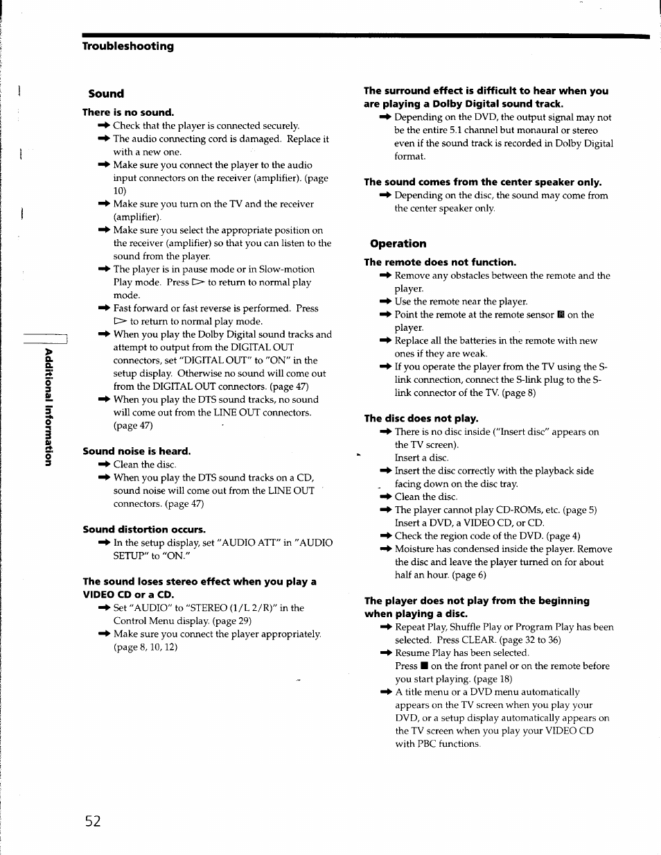 Troubleshooting, Sound, There is no sound | Sound noise is heard, Sound distortion occurs, The sound ioses stereo effect when you piay a, Video cd or a cd, The sound comes from the center speaker only, Operation, The remote does not function | Sony DVP-S330 User Manual | Page 52 / 62