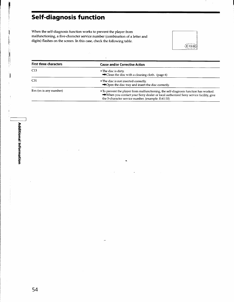 Self-diagnosis function | Sony DVP-S330 User Manual | Page 54 / 62