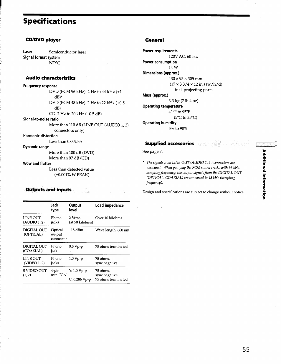 Specifications, Cd/dvd player, Signal format system | Audio characteristics, Frequency response, Signal-to-noise ratio, Harmonic distortion, Dynamic range, Wow and flutter, Outputs and inputs | Sony DVP-S330 User Manual | Page 55 / 62