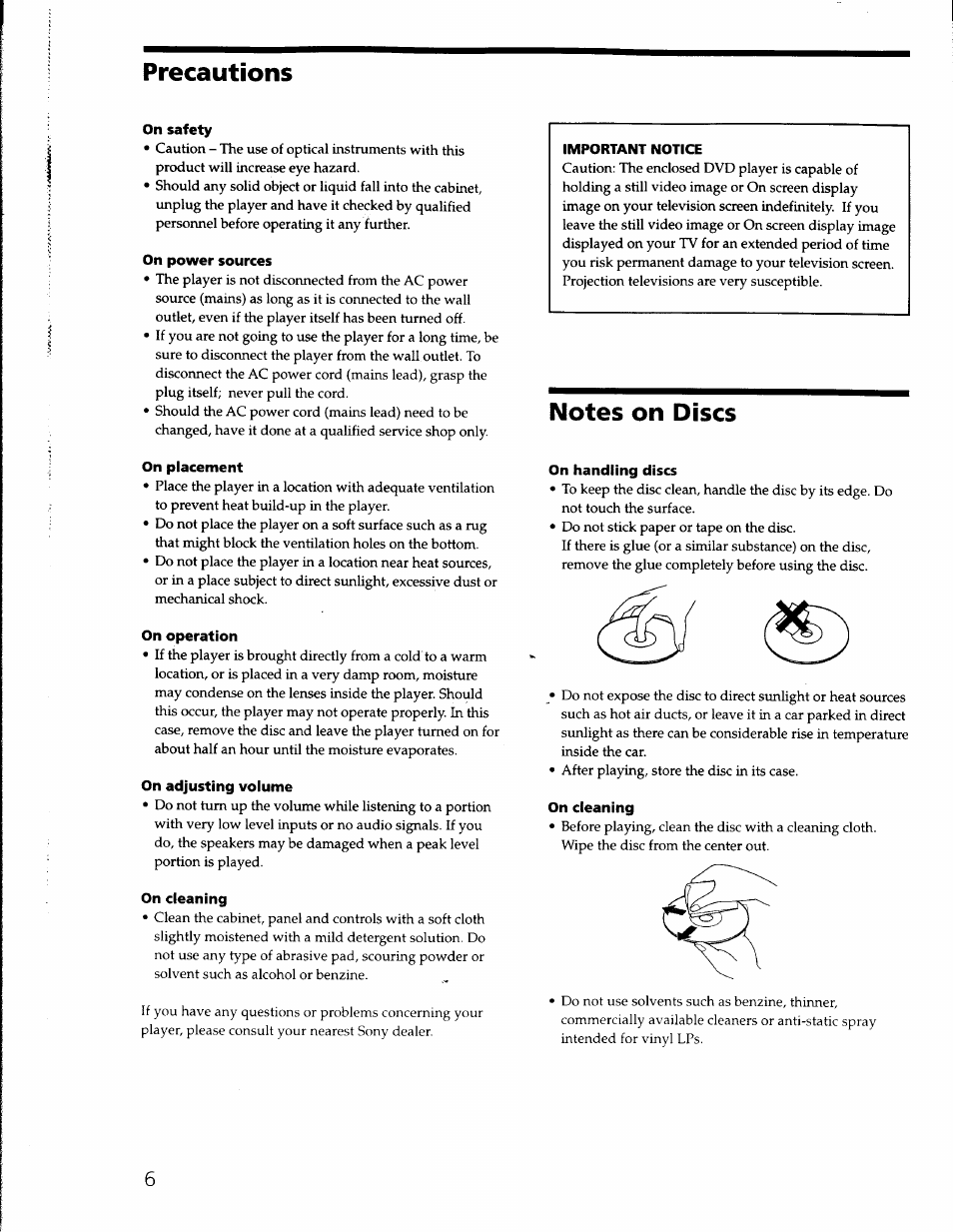 Precautions, On safety, On power sources | On placement, On operation, On adjusting voiume, On cleaning, On handling discs | Sony DVP-S330 User Manual | Page 6 / 62