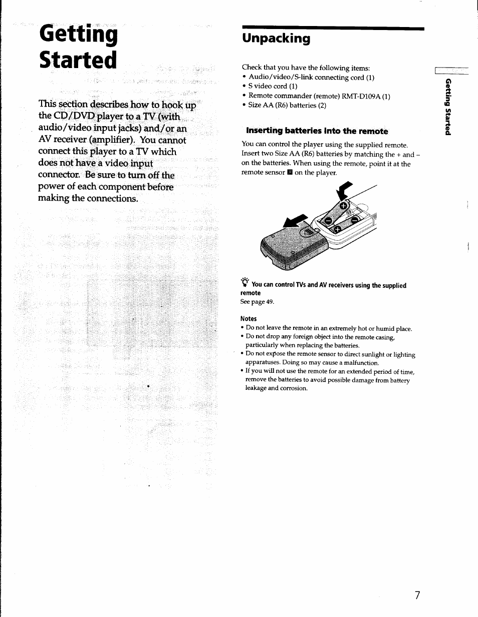 Getting, Started, Unpacking | Notes, Getting started | Sony DVP-S330 User Manual | Page 7 / 62