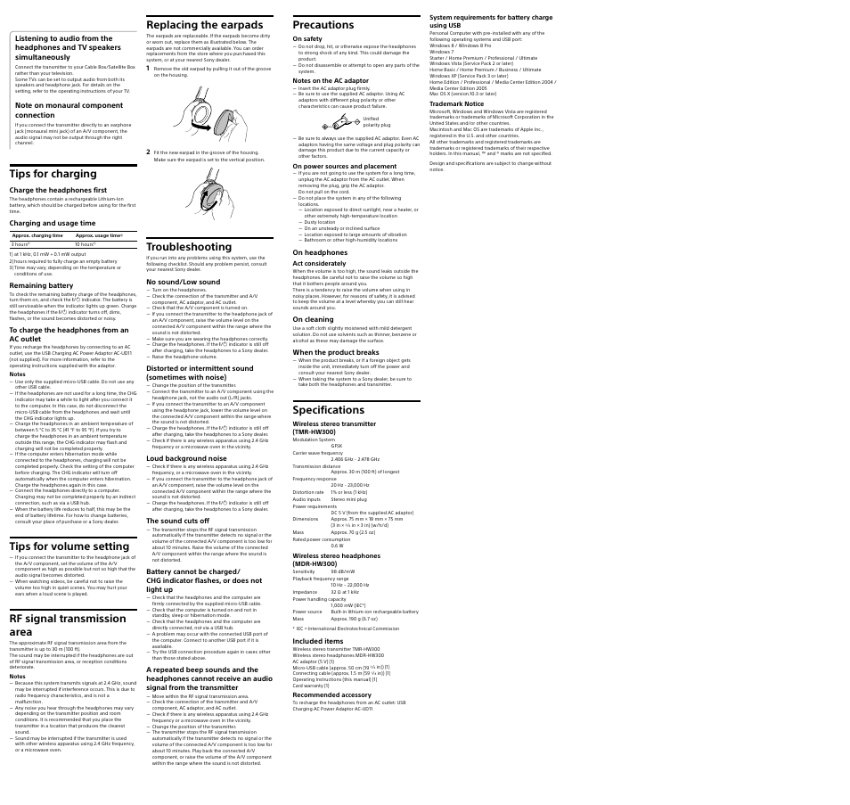 Tips for charging, Tips for volume setting, Rf signal transmission area | Replacing the earpads, Troubleshooting, Precautions, Specifications | Sony MDR-HW300K User Manual | Page 2 / 2