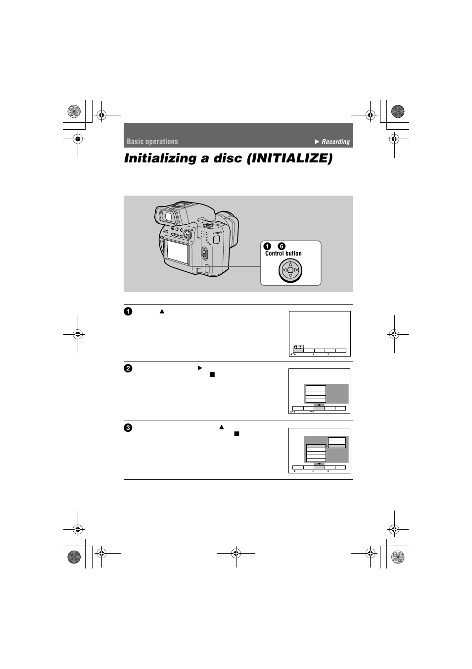 Basic operations, Initializing a disc (initialize), B recording | Sony MVC-CD1000 User Manual | Page 16 / 80