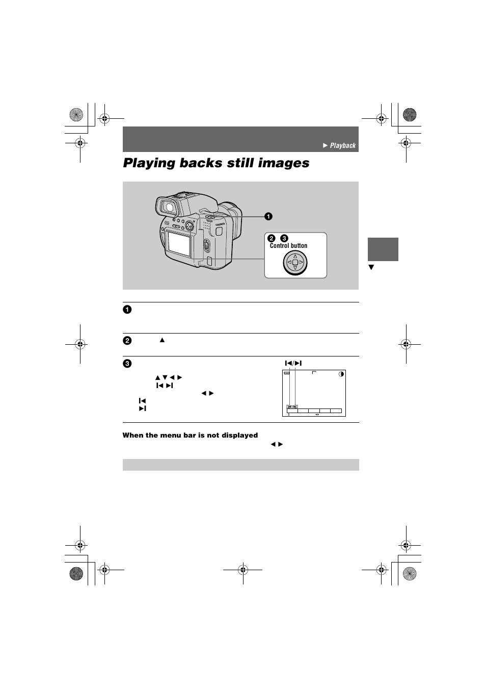 Playing backs still images, Playing back still images | Sony MVC-CD1000 User Manual | Page 25 / 80