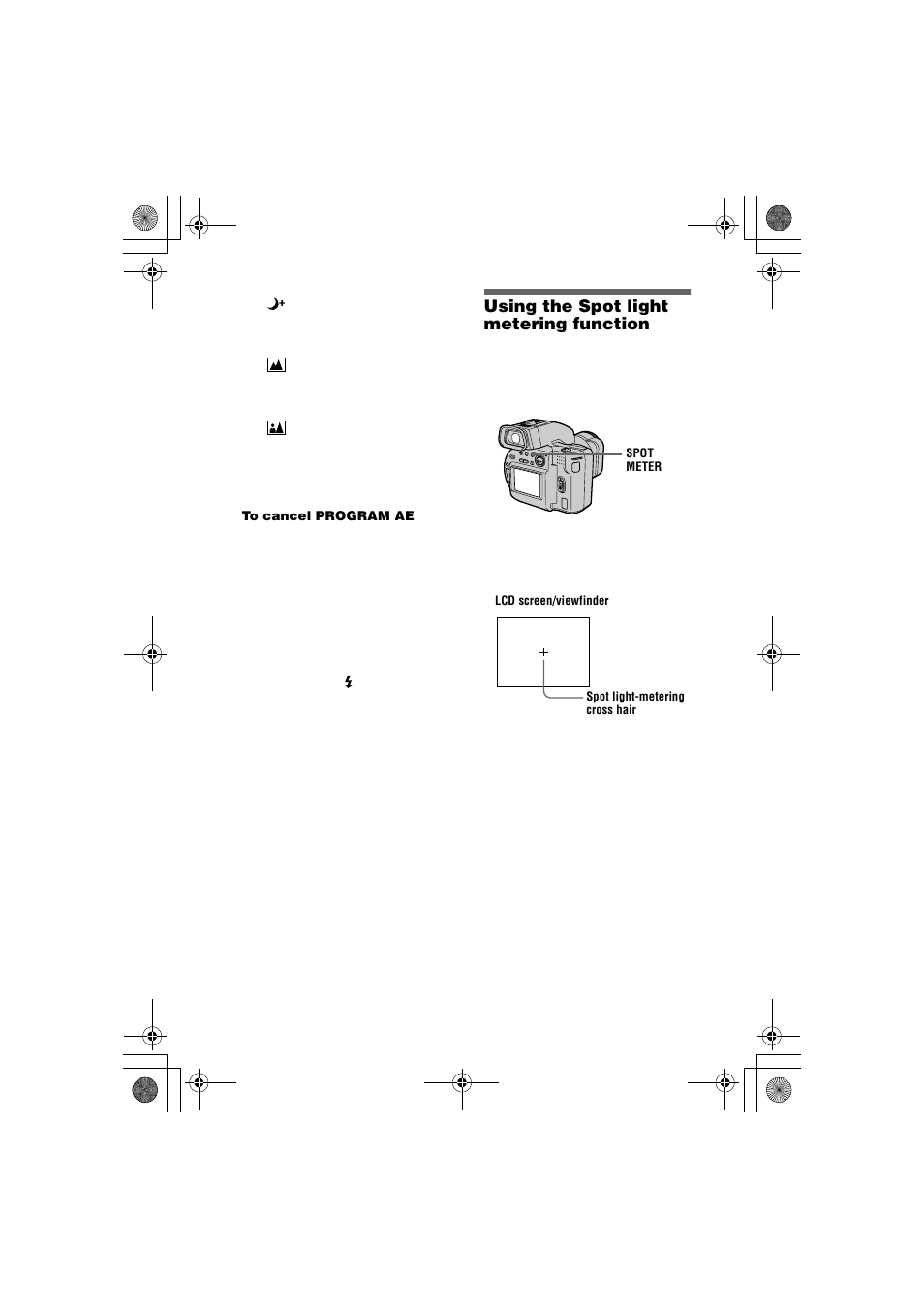 Using the spot light– metering function, Using the spot light–metering, Function | N (52, Using the spot light, Metering function | Sony MVC-CD1000 User Manual | Page 52 / 80
