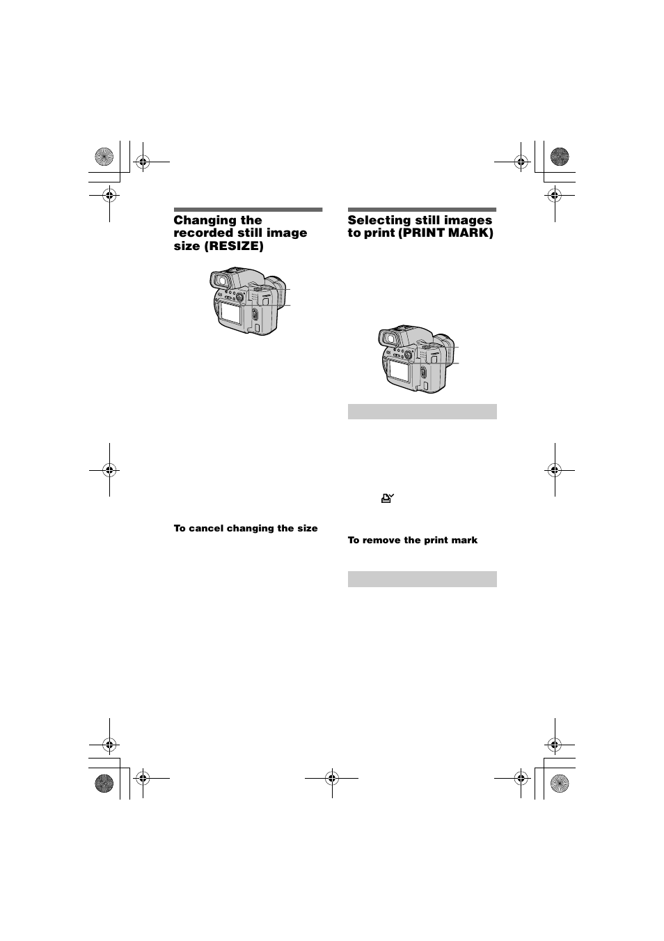 Changing the recorded still image size (resize), Selecting still images to print (print mark), In single mode | In index mode, Changing the recorded still image size, Resize), Selecting still images to print, Print mark) | Sony MVC-CD1000 User Manual | Page 62 / 80
