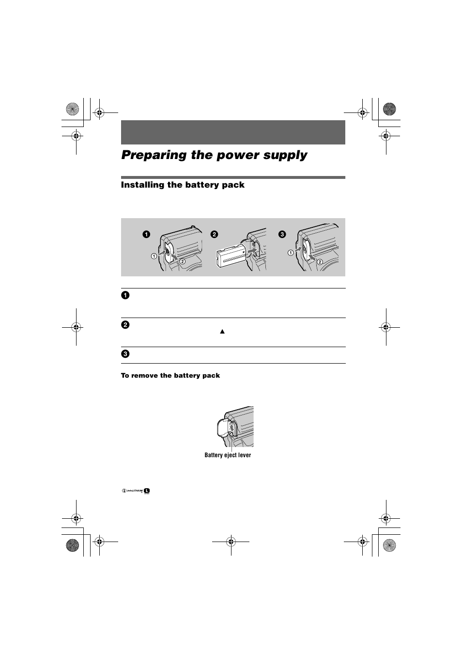Preparing the power supply, Installing the battery pack, Face) (8) | Sony MVC-CD1000 User Manual | Page 8 / 80