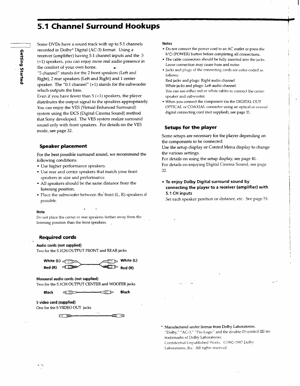 1 channel surround hookups, Speaker placement, Setups for the player | 1 ch inputs, Required cords | Sony DVP S530D User Manual | Page 12 / 67