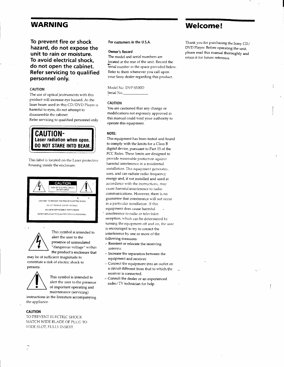 Warning welcome, Caution | Sony DVP S530D User Manual | Page 2 / 67