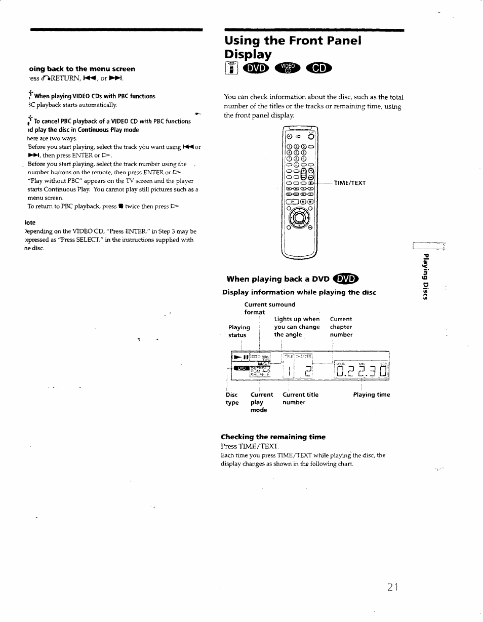 Oing back to the menu screen, Using the front panel display, When playing back a dvd | Display information while playing the disc, Checking the remaining time, Ks)<sxe | Sony DVP S530D User Manual | Page 21 / 67