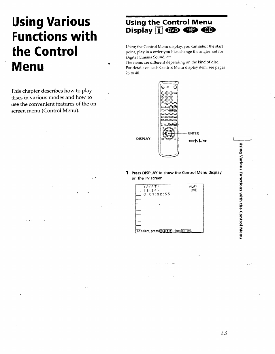 Using the control menu display [x, Jsing various functions with the control menu | Sony DVP S530D User Manual | Page 23 / 67