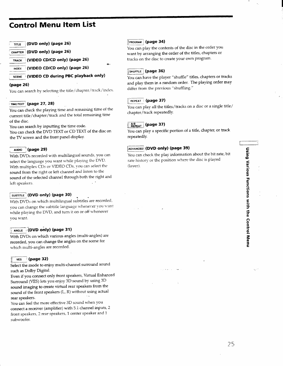 Control menu item list, Scene i (video cd during pbc playback only) | Sony DVP S530D User Manual | Page 25 / 67