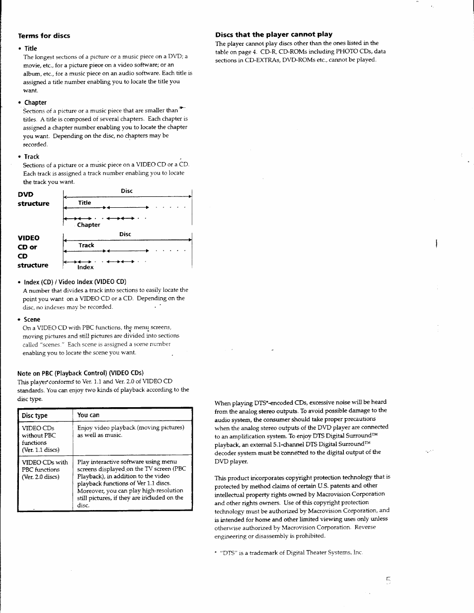 Terms for discs, Title, Track | Structure, Video cd or cd, Index (cd) / video index (video cd), Scene, Discs that the player cannot play, Note on pbc (playback control) (video cds) | Sony DVP S530D User Manual | Page 5 / 67