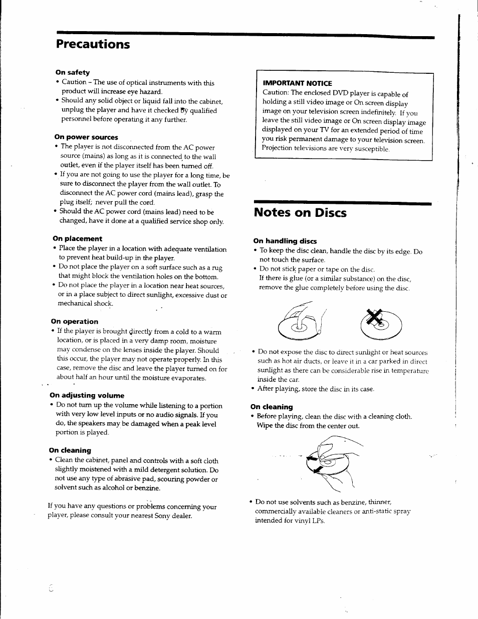 Precautions, On safety, On power sources | On placement, On operation, On adjusting volume, On cleaning, On handling discs | Sony DVP S530D User Manual | Page 6 / 67