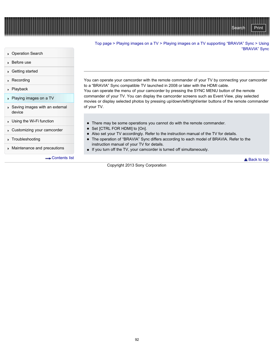 Using “bravia” sync, Handycam" user guide | Sony HDR-PJ790V User Manual | Page 101 / 287