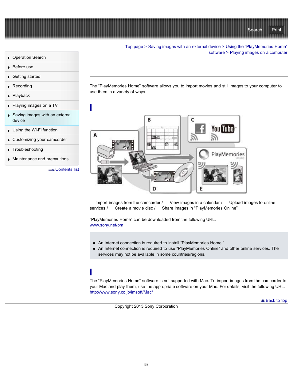 Playing images on a computer, Software for mac, What you can do with “playmemories home” software | Windows), Handycam" user guide | Sony HDR-PJ790V User Manual | Page 102 / 287