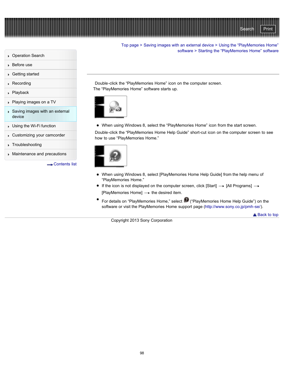 Starting the “playmemories home” software, Details, Handycam" user guide | Sony HDR-PJ790V User Manual | Page 107 / 287