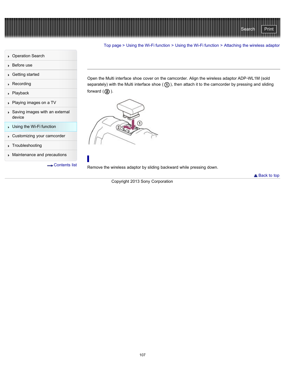 Attaching the wireless adaptor, To remove the wireless adaptor, Handycam" user guide | Sony HDR-PJ790V User Manual | Page 116 / 287
