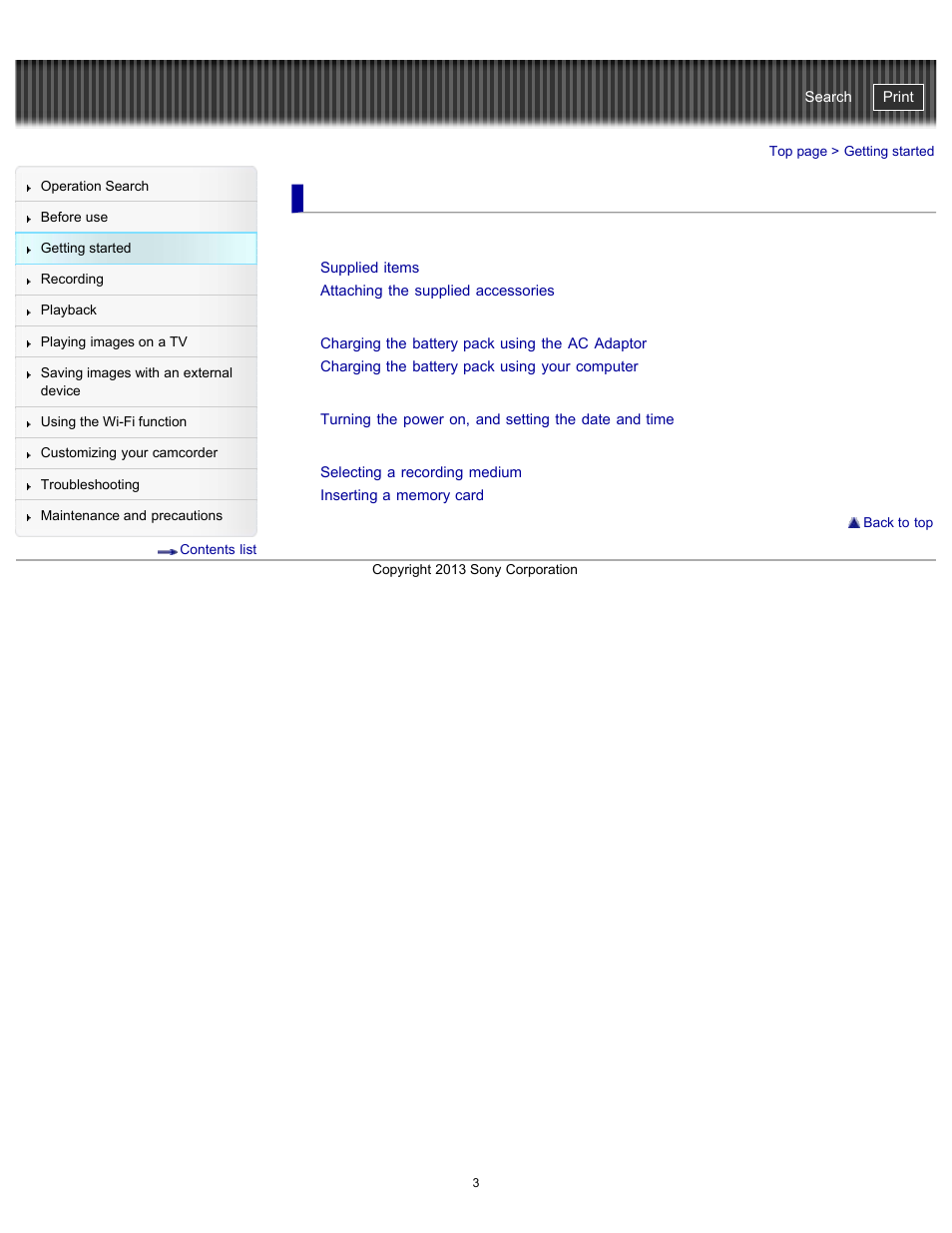 Getting started, Checking the supplied items, Charging the battery pack | Preparing the recording media, Handycam" user guide | Sony HDR-PJ790V User Manual | Page 12 / 287