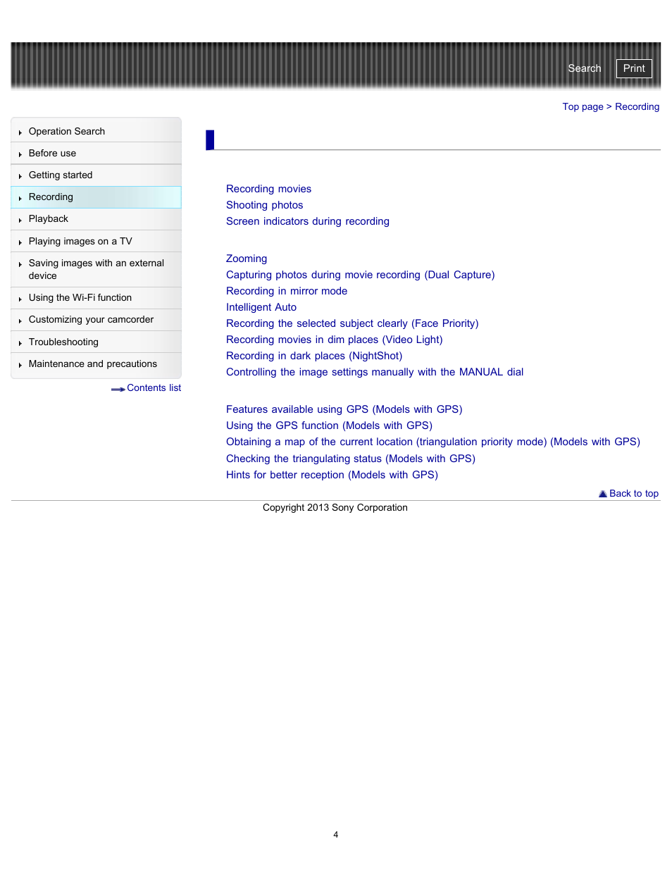 Recording, Useful functions for recording images, Recording information on your location (gps) | Handycam" user guide | Sony HDR-PJ790V User Manual | Page 13 / 287