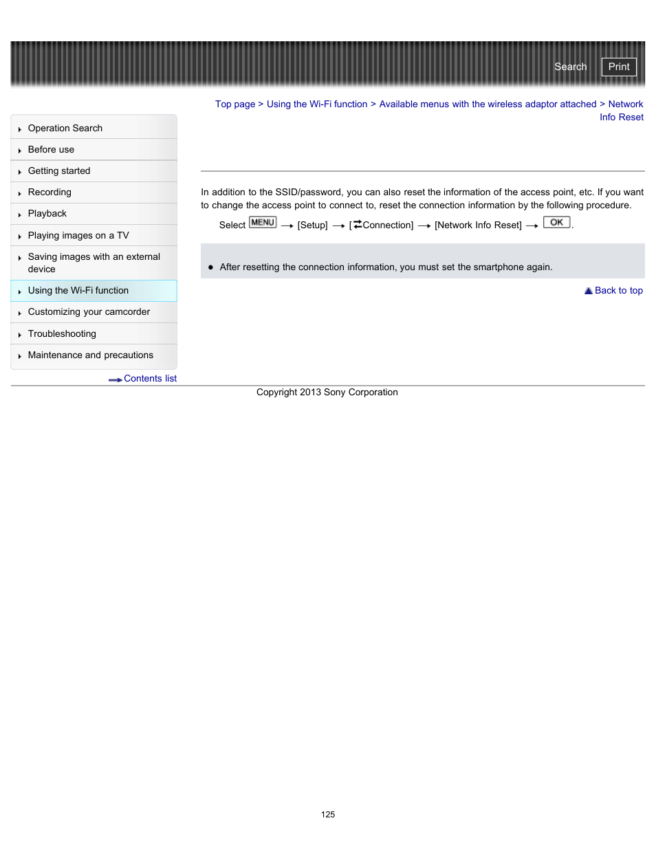 Network info reset, Handycam" user guide | Sony HDR-PJ790V User Manual | Page 134 / 287