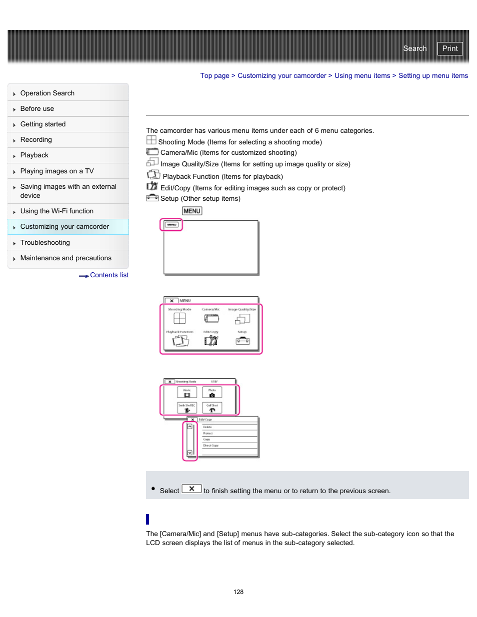 Setting up menu items, Handycam" user guide | Sony HDR-PJ790V User Manual | Page 137 / 287