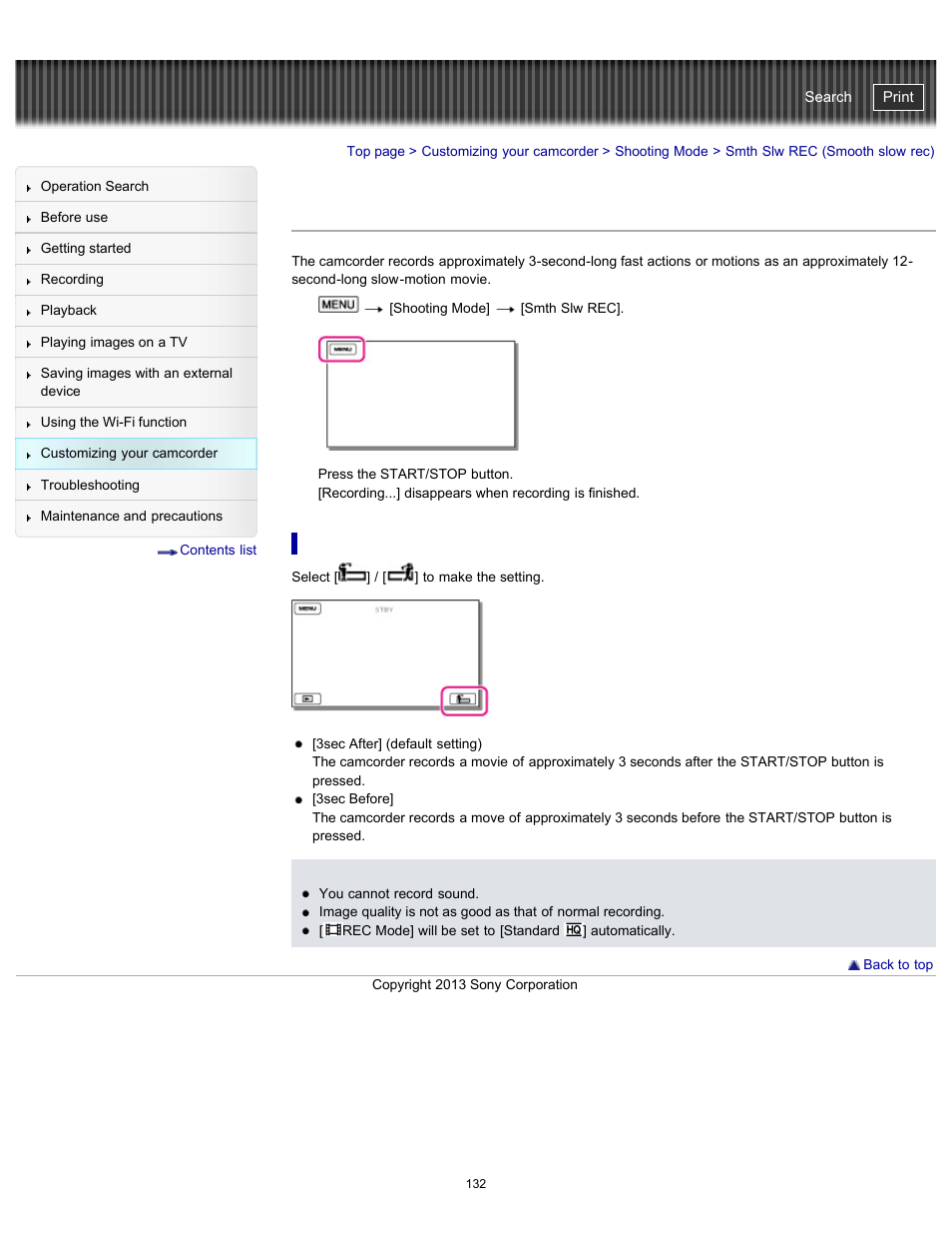 Smth slw rec (smooth slow rec), To change the timing at which the camcorder starts, Recording | Handycam" user guide | Sony HDR-PJ790V User Manual | Page 141 / 287