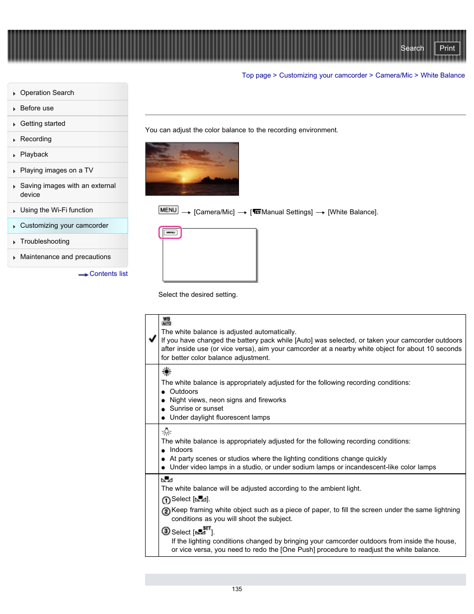 White balance, Handycam" user guide | Sony HDR-PJ790V User Manual | Page 144 / 287