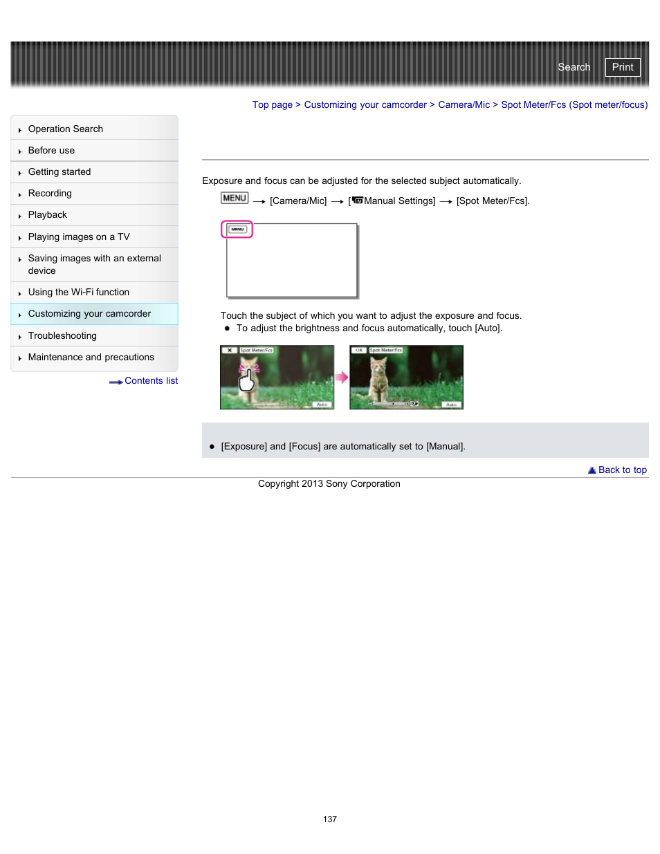 Spot meter/fcs (spot meter/focus), Handycam" user guide | Sony HDR-PJ790V User Manual | Page 146 / 287