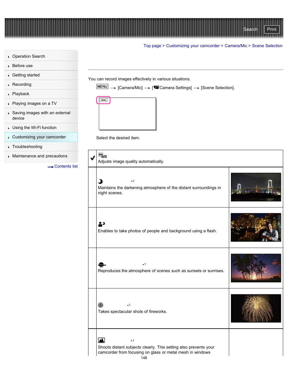 Scene selection, Portrait), Spotlight) | Night, Fireworks), Sunrise&sunset), Handycam" user guide | Sony HDR-PJ790V User Manual | Page 157 / 287