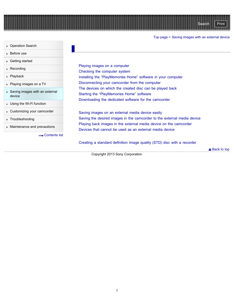 Saving images with an external device, Using the “playmemories home” software, Saving images on an external media device | Creating a disc with a recorder, Handycam" user guide | Sony HDR-PJ790V User Manual | Page 16 / 287