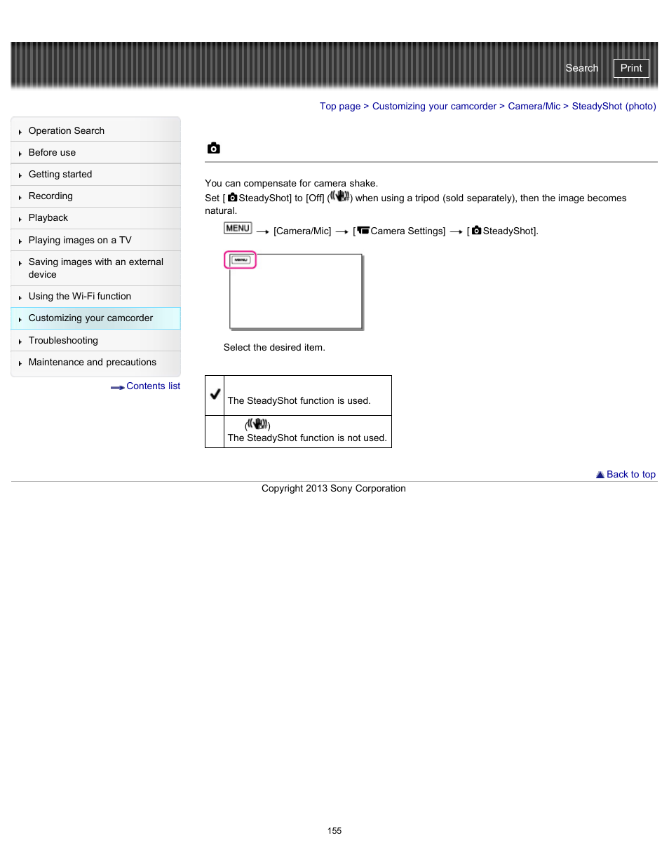 Steadyshot (photo), Handycam" user guide | Sony HDR-PJ790V User Manual | Page 164 / 287