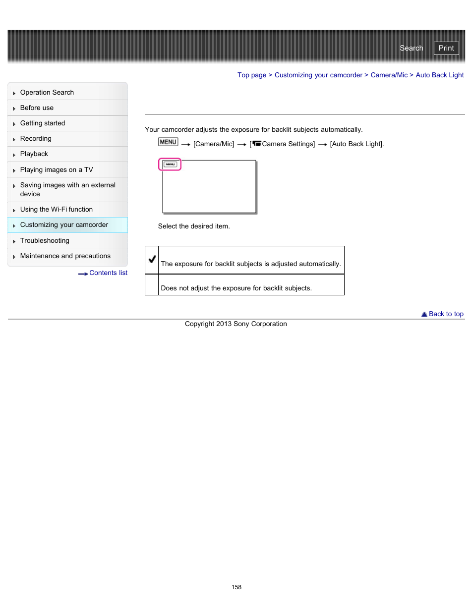 Auto back light, Handycam" user guide | Sony HDR-PJ790V User Manual | Page 167 / 287