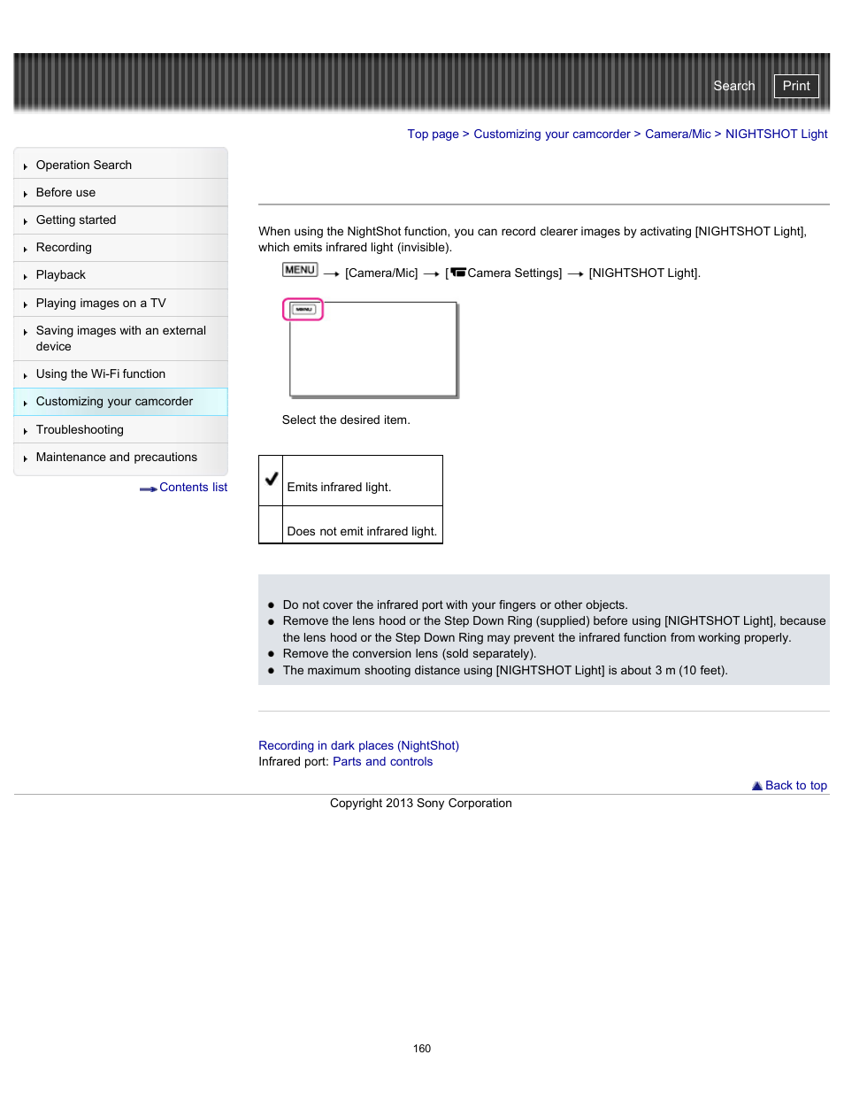 Nightshot light, Handycam" user guide | Sony HDR-PJ790V User Manual | Page 169 / 287